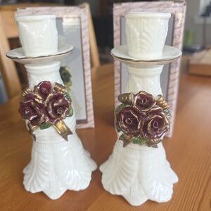 Cornerstone Creations Elegant White and Gold Candle Holders with Floral Design
